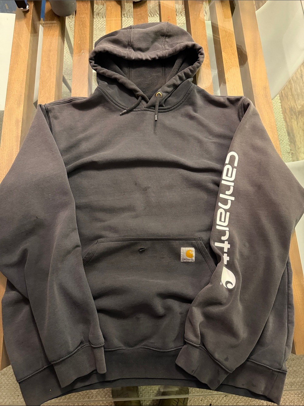 Carhartt Men’s Black Hooded Sweatshirt with White Sleeve Logo. Cool sun fades.